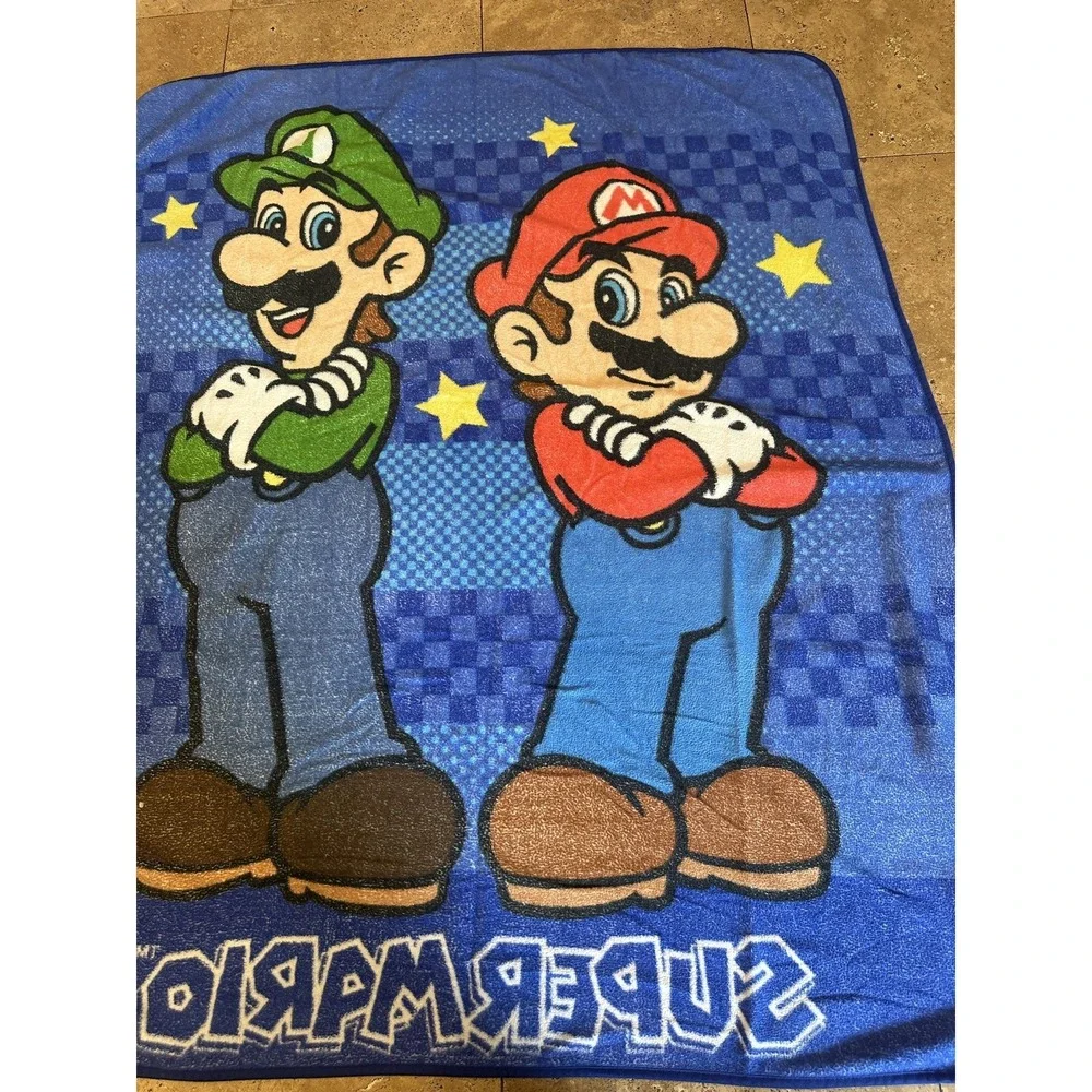 Nintendo Super Mario Bros Blanket Throw Blue Mario Luigi Stars‎ Plush Fleece